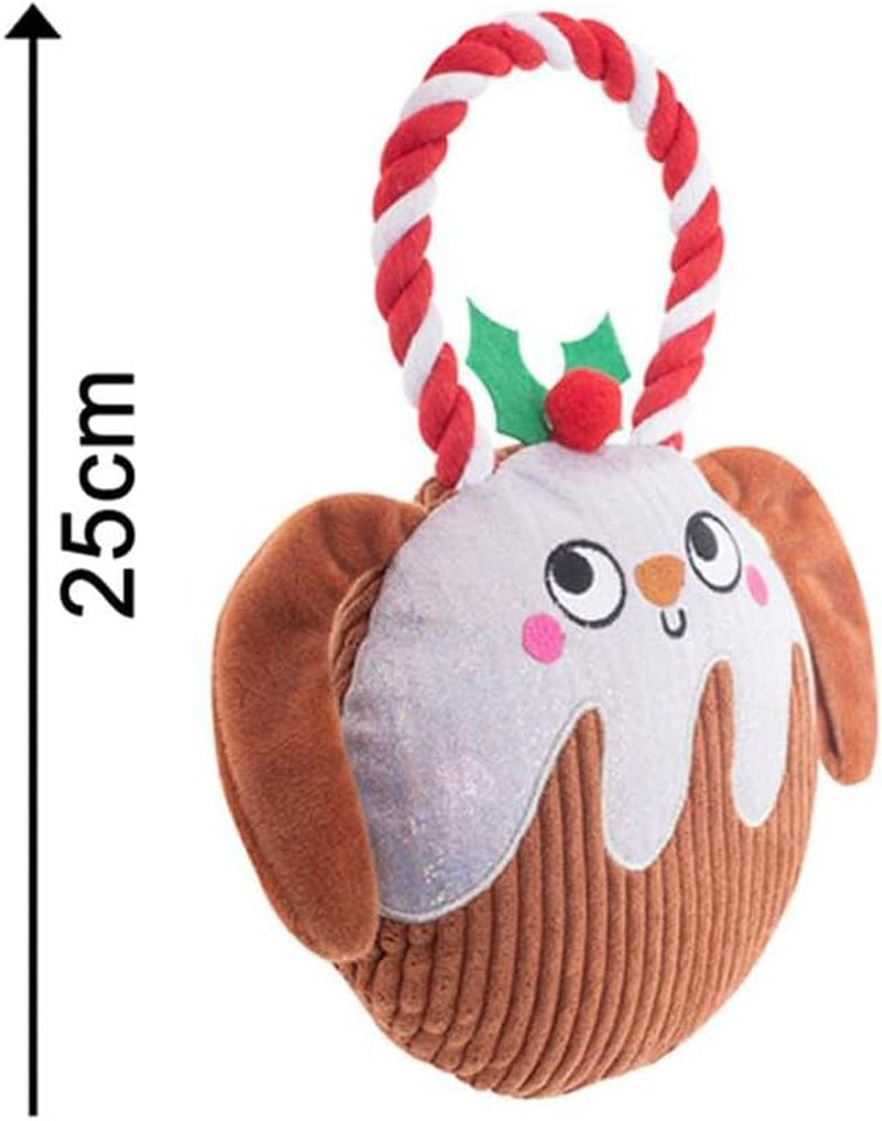 Christmas Pudding Plush Rope Toy Tug of War Squeaky Dog Puppy Stocking Filler First Xmas.