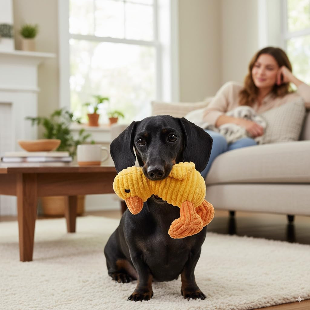 Yellow Duck Plush Dog Toy with Squeaker – Soft, Durable, Ribbed Design for Play, Perfect for Small and Medium Dogs. Ideal for Interactive Play and Enjoyment.