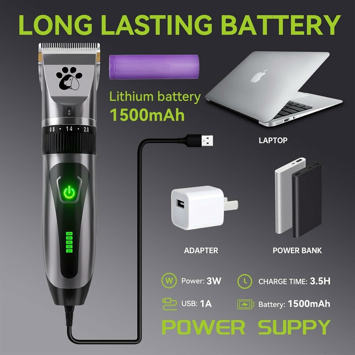 Dog Clippers Cordless, Professional Pet Clippers, 2-Speed Low Noise Dog Grooming Kit, Pet Trimmer for Small Large Thick Hair Dogs Cats