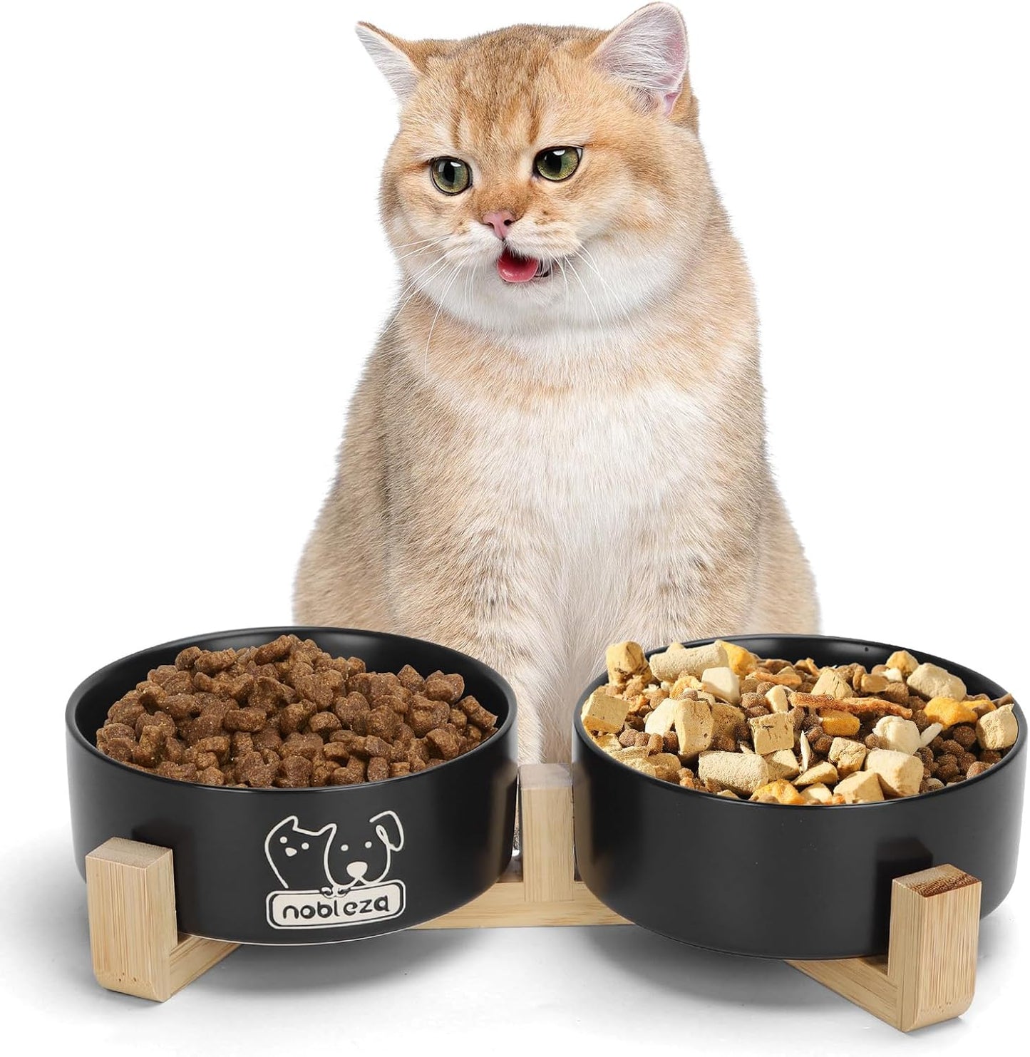 Ceramic Cat Bowls Set with Bamboo Stand, Stackable Double Ceramic Cat Food Water Bowl, 2X400Ml/13.5Oz Non-Slip Pet Feeding Bowls for Cats Kittens and Puppies, 13X13X5Cm Black