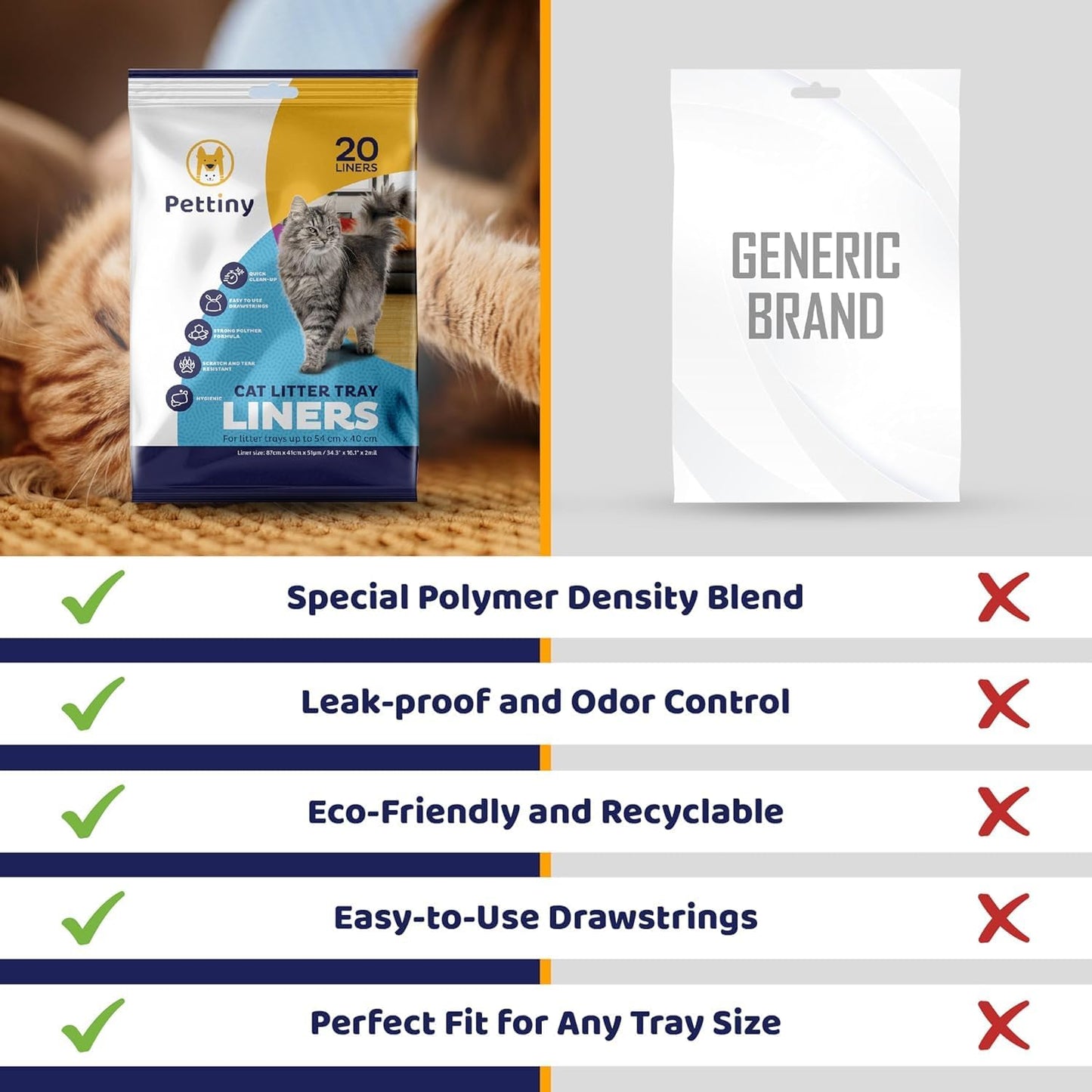 Pettiny 20 Cat Litter Tray Liners with Drawstrings Scratch Resistant Bags for Medium and Large Litter Box