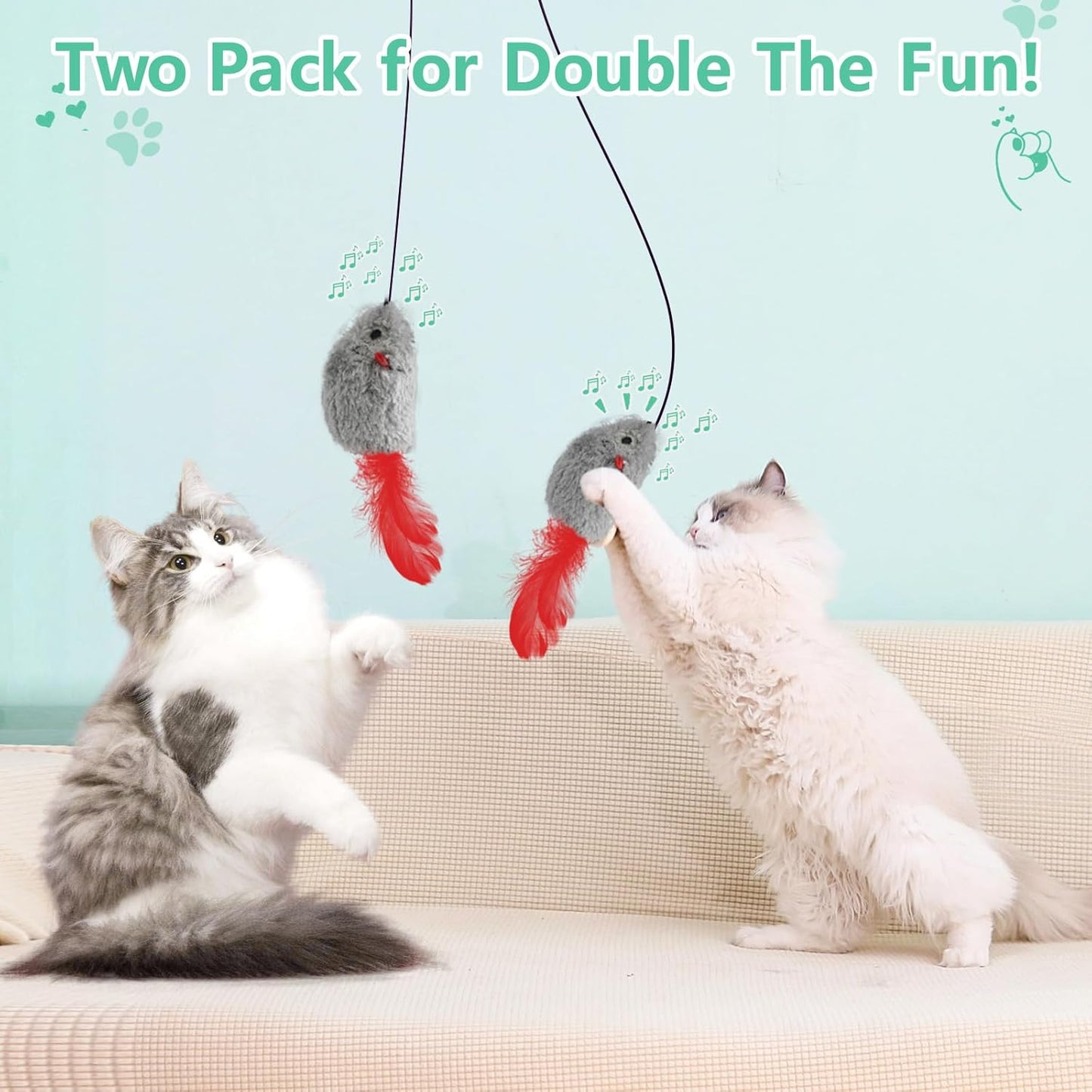 Cat Toys for Indoor Cats Adult Kitten, 2 Pack Door Hanging Interactive Mice Toys with Squeaky Sound and Feather Tail, No Batteries Required, Kitten Toys, Cat Enrichment Boredom Mouse Toy