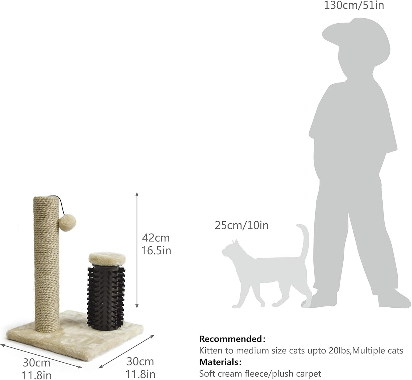 Cat Scratching Post for Indoor Cats, Small Scratcher with Brush for Kitten, 42 Cm, Beige