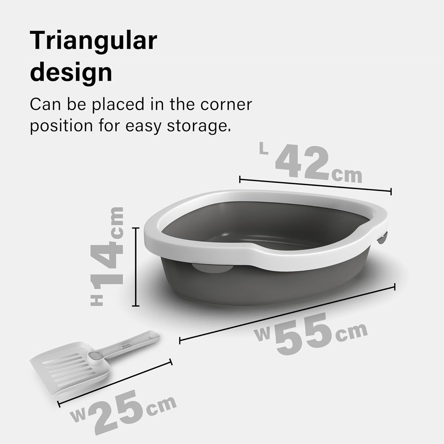 Corner Cat Litter Tray with Cleaning Scoop, High Sided Rounded Corners, Anti-Spillage & Mess-Free Cat Toilet (Dark Grey/White, 55X42.5X14)