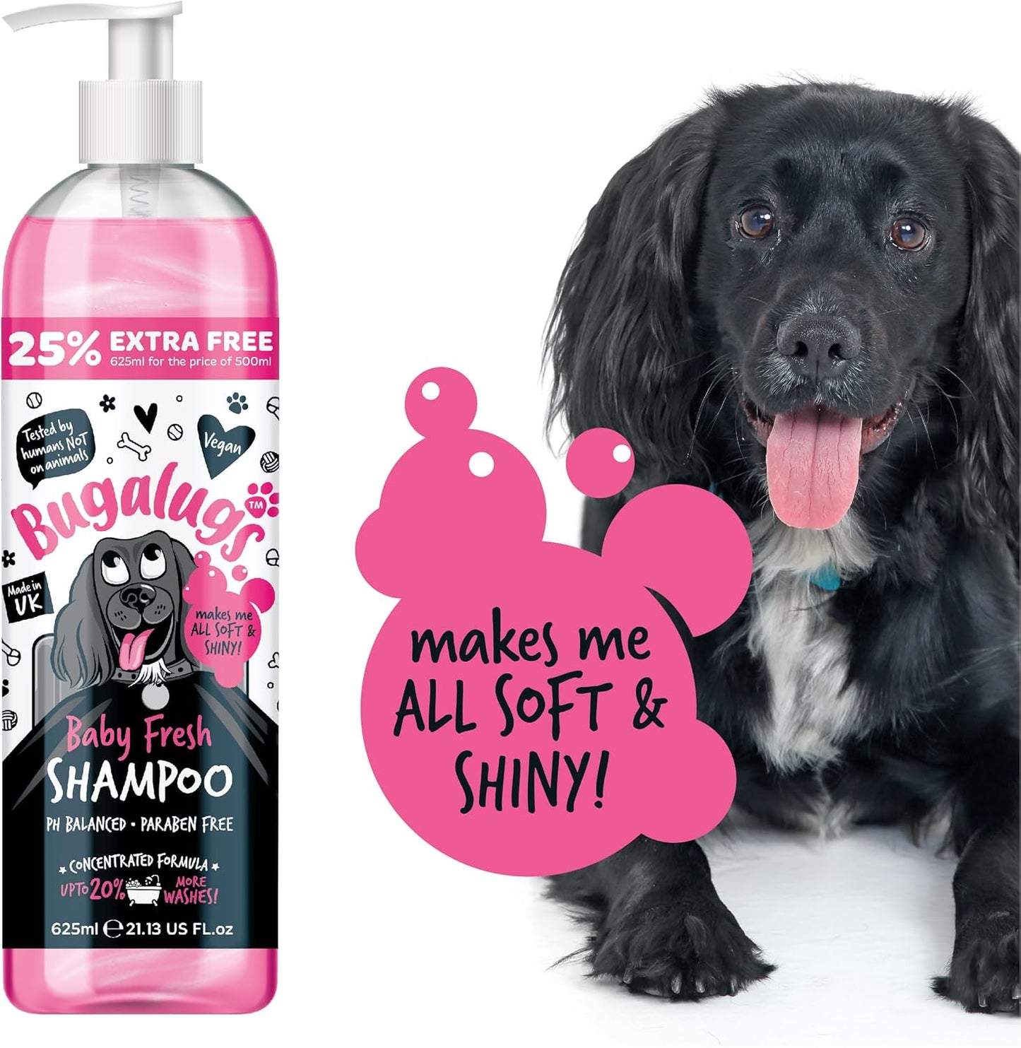 Bugalugs Baby Fresh Dog Shampoo Grooming Products for Smelly Dogs with Baby Powder Scent, Best Puppy Shampoo, Vegan Pet Shampoo Professional (625Ml)