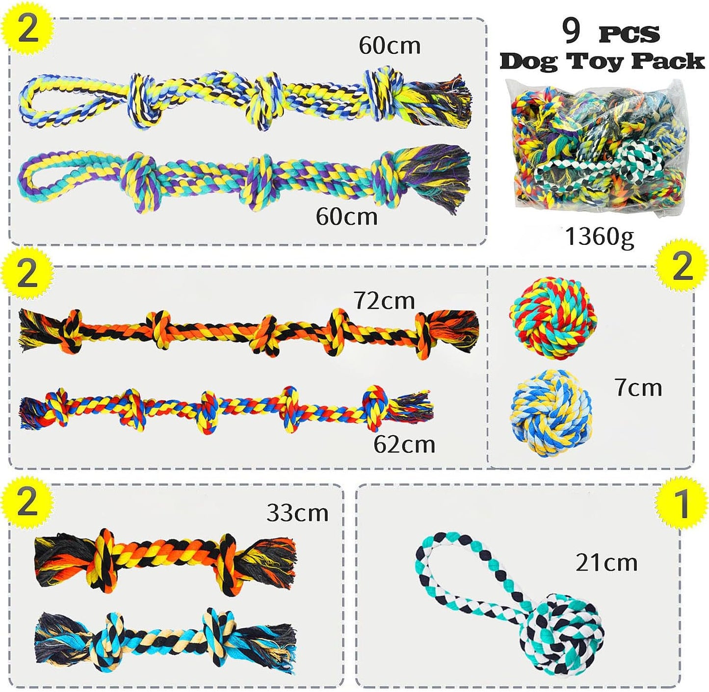 9 Pack Large Dog Rope Toys for Aggressive Chewers, 5 Knots Indestructible Chew Toy Kit for Medium Large Dogs, Puppy Teething Tug Toy, Colourful Cotton Dog Rope Toys