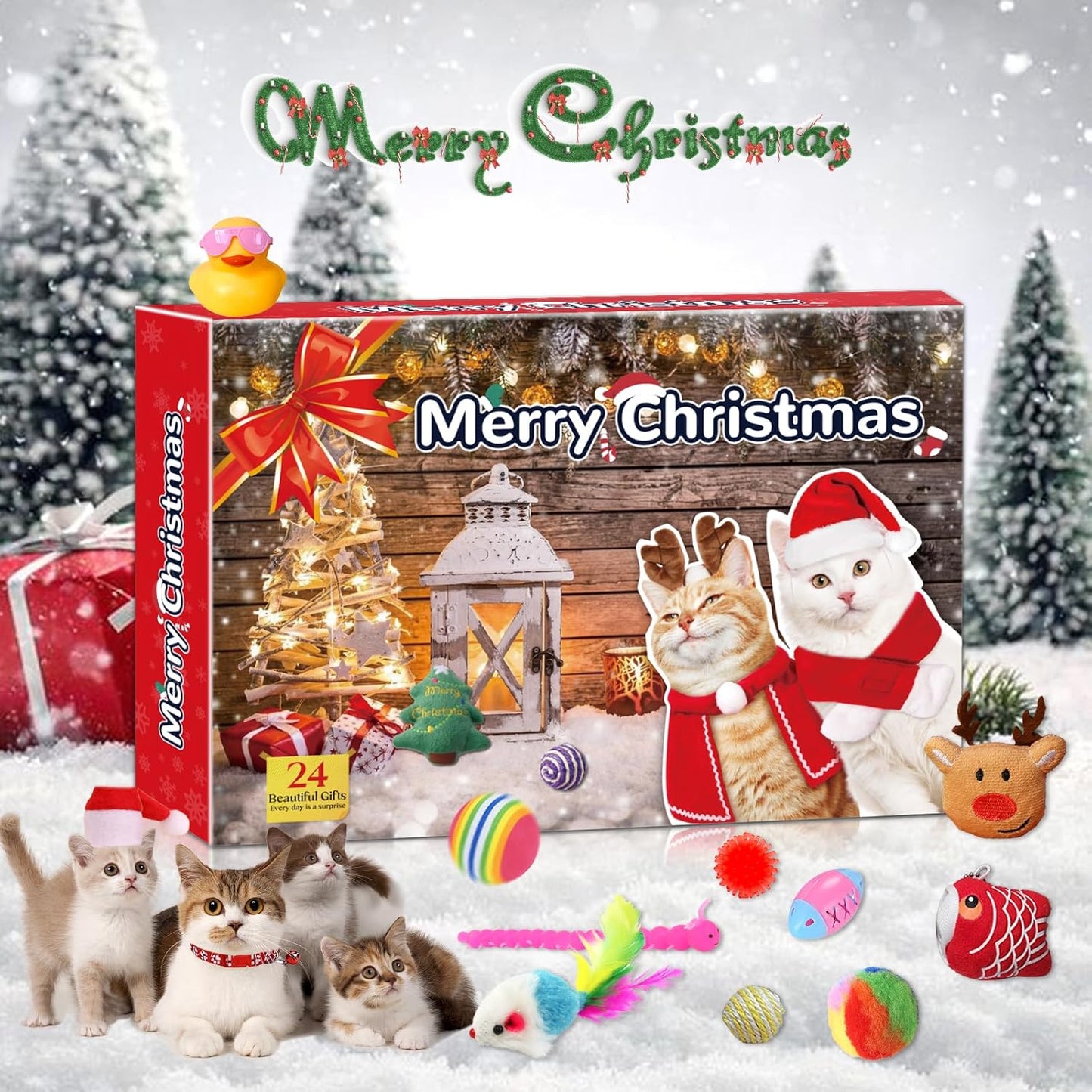 Advent Calendar for Cats, Christmas Cat Toy Set 24 Pcs with Interactive Balls, Feather Wands, Springs for Indoor Cats Kittens