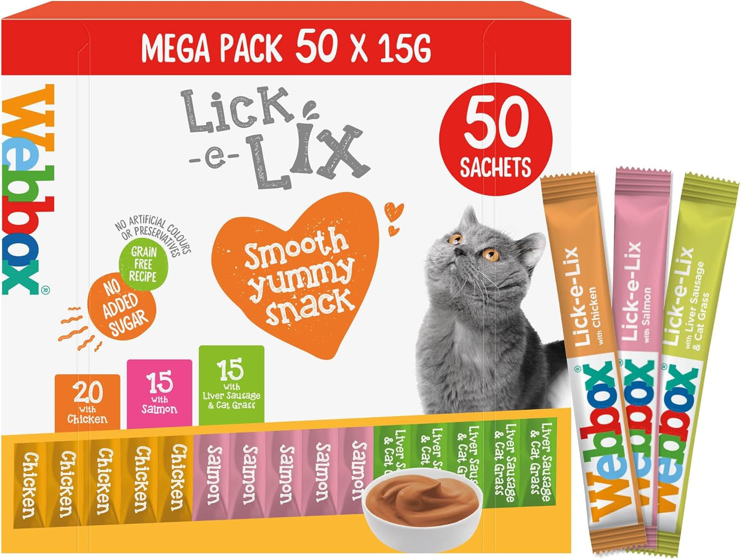 Lick-E-Lix Cat Treats Variety Mega Pack - Kitten Friendly, Grain Free, No Artificial Preservatives or Colours (50 Pack)