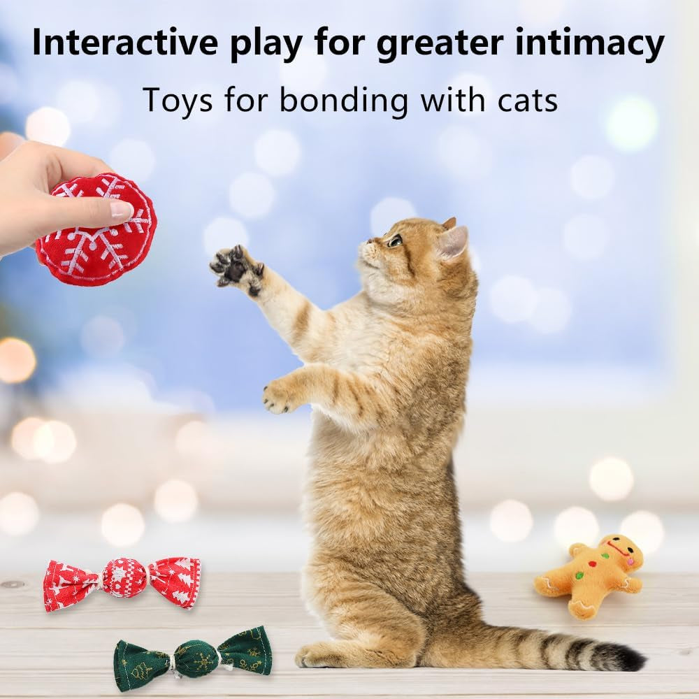 9 Pack Cat Christmas Toys - 2 Squeaky, 4 Colorful Bouncy Balls, 3 Plush Interactive with Ginger Man, Elk, Santa Claus - for Cat and Mouse