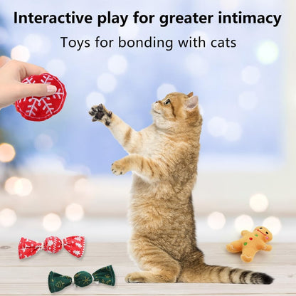 9 Pack Cat Christmas Toys - 2 Squeaky, 4 Colorful Bouncy Balls, 3 Plush Interactive with Ginger Man, Elk, Santa Claus - for Cat and Mouse