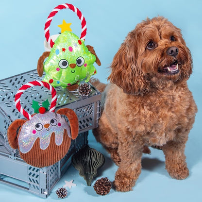 Christmas Pudding Plush Rope Toy Tug of War Squeaky Dog Puppy Stocking Filler First Xmas.