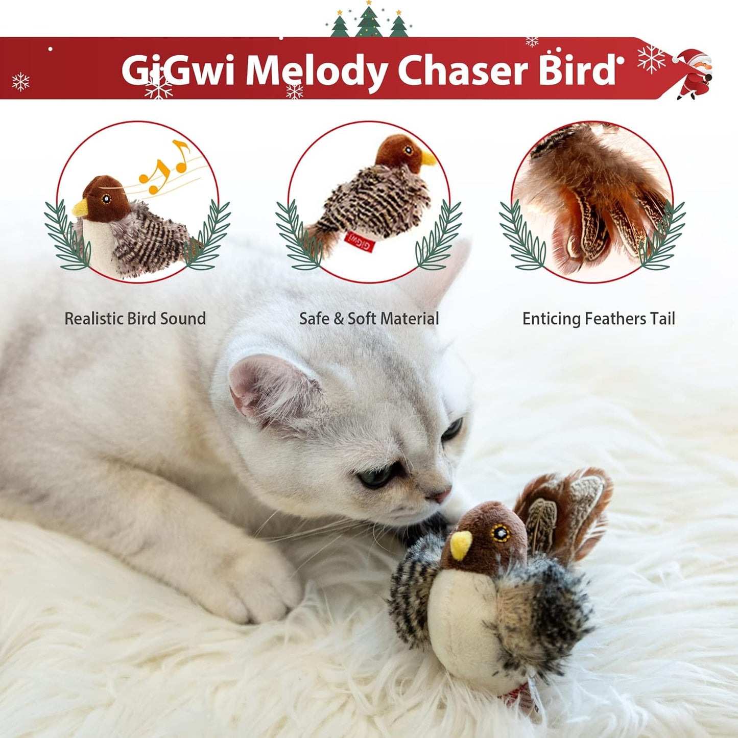 Gigwi Chirping Bird Cat Toys Realistic Bird Plush Toy - Perfect Melody Chaser Cat Toys for Bored Indoor Adult Cats, Best Gift for Birthday, Thanksgiving, Christmas, New Year