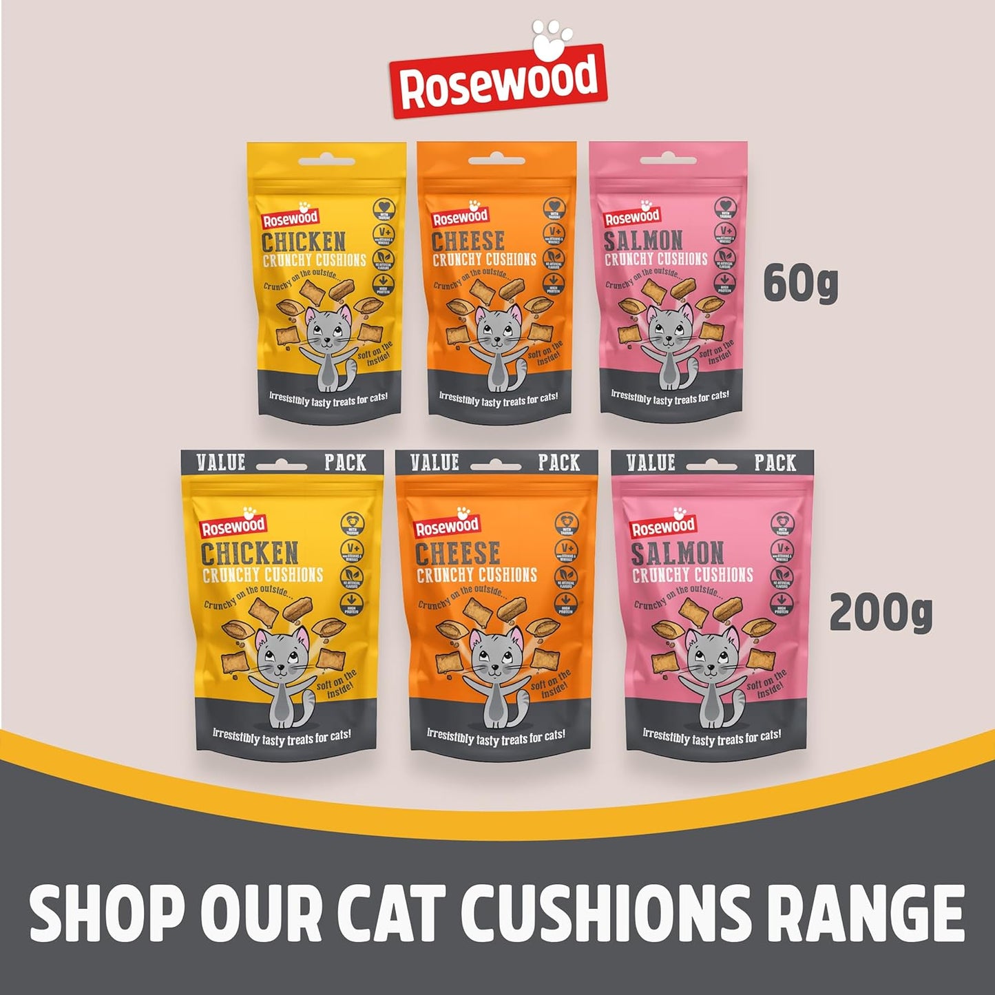 Rosewood Daily Eats Crunchy Cushions Variety Box - Chicken, Cheese, and Salmon Treats for Cats, Tasty Cat Treats with Taurine, Added Vitamins and Minerals, Small Bite Sized Cat Snacks (12Pc, 720G Box)