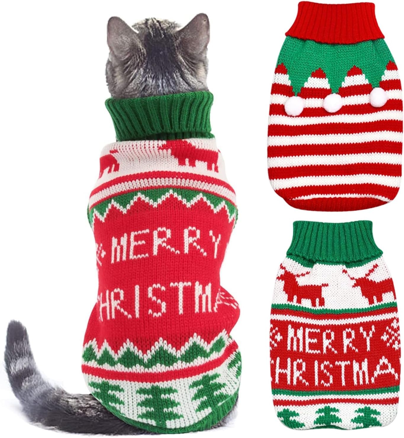 2PCS Dog Christmas Sweaters Red Green Pet Clothes Outfits Winter Cat Costume New Year Clothing Accessories for Puppy Kitten Small Medium Dogs Cats