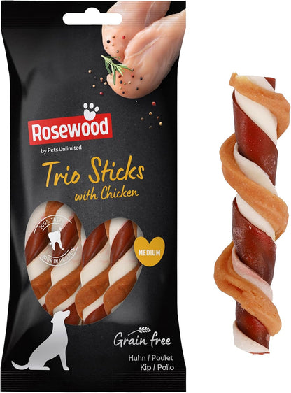 Medium Trio Sticks for Dogs - Made with Chicken, Grain Free Chews, High Protein Dog Treats, by Pets Unlimited (3Pc, 90G)