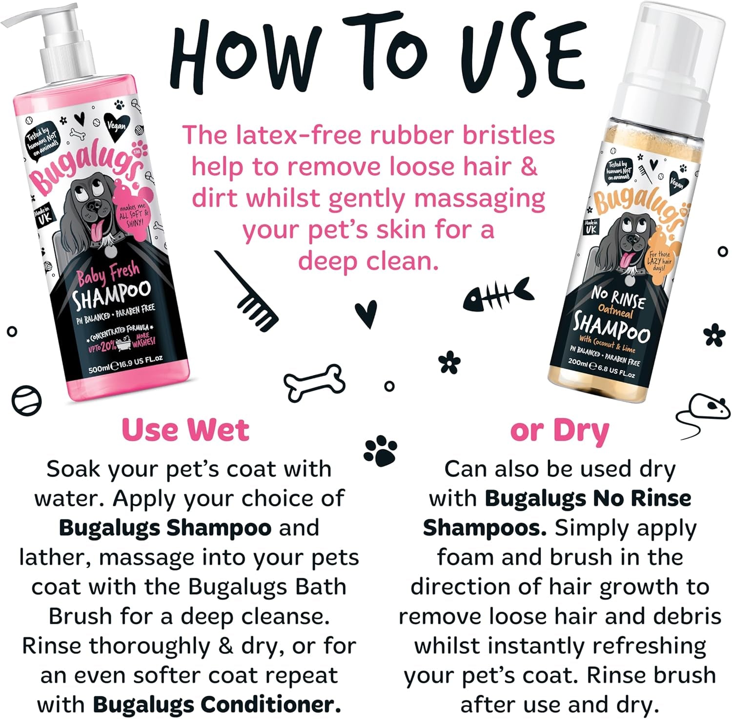 Bugalugs Dog Shampoo Bath Brush & Cat Brush 2 Pack, Use Wet or Dry as Dog Grooming Brush for Grooming & Bathing Use Alongside Our Dog No Rinse Shampoo for Smelly Dogs & Cats (Black (2 Pack))