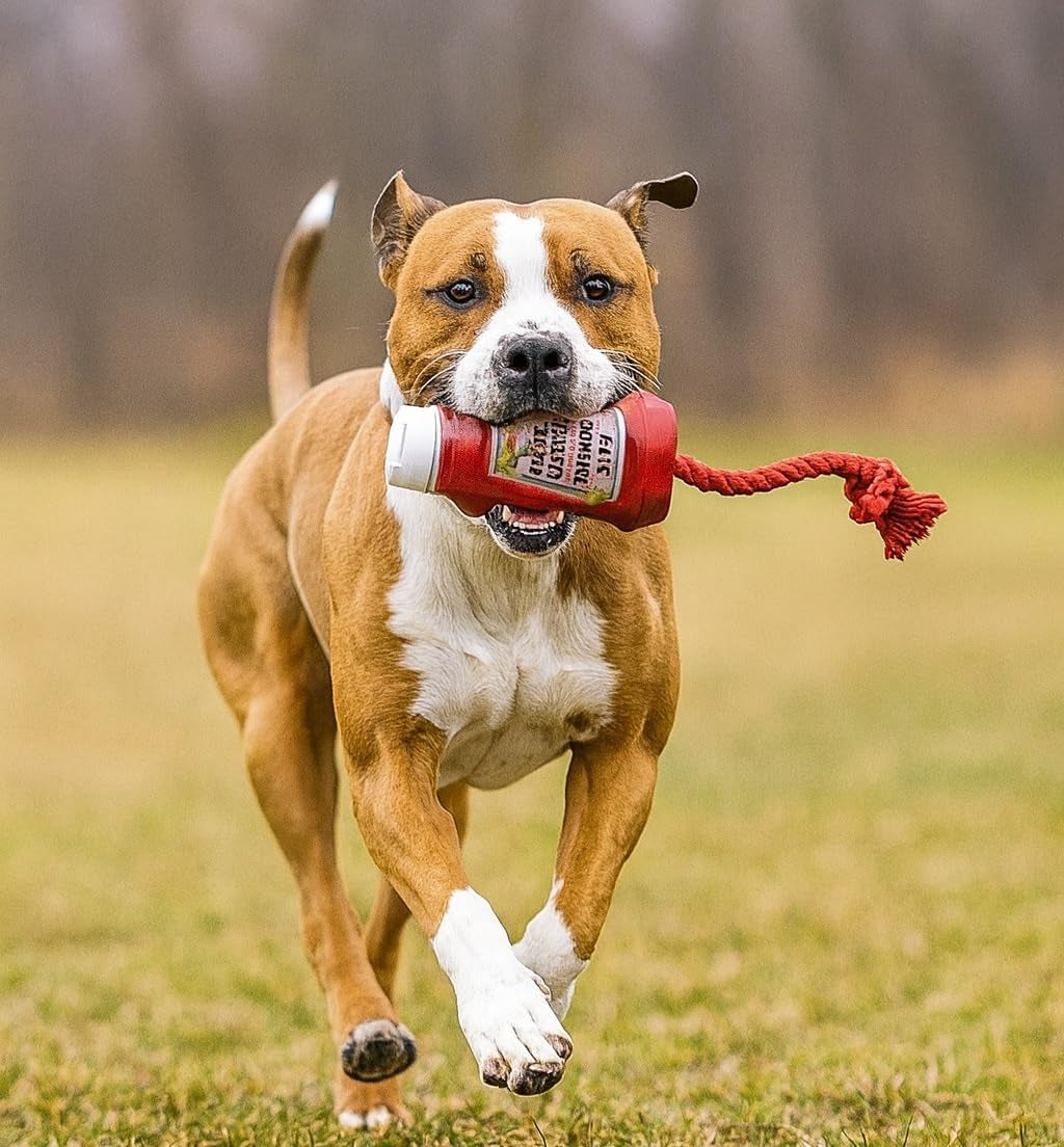 TPR Ketchup Bottle Rubber Dog Toy with Rope – Durable Chew & Tug Toy for Small, Medium & Large Dogs – Tough – Interactive Fetch, Tug-Of-War & Dental Health Play