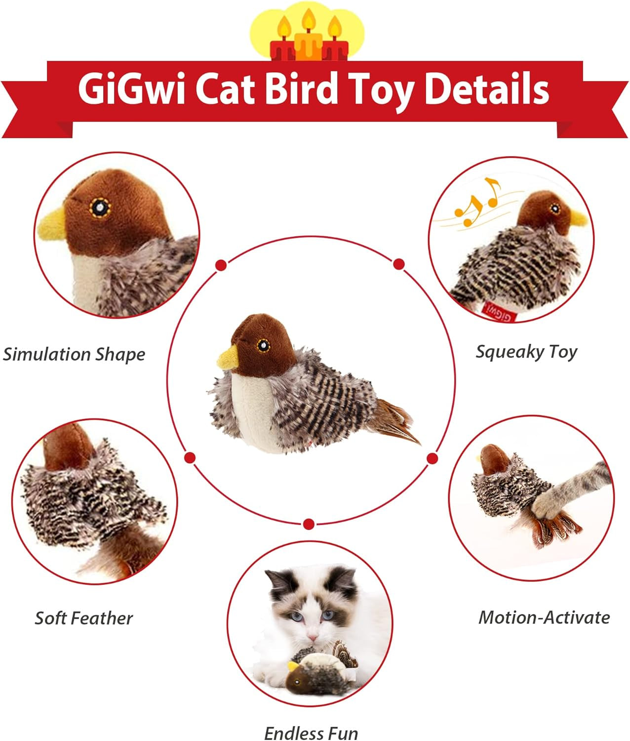 Gigwi Chirping Bird Cat Toys Realistic Bird Plush Toy - Perfect Melody Chaser Cat Toys for Bored Indoor Adult Cats, Best Gift for Birthday, Thanksgiving, Christmas, New Year