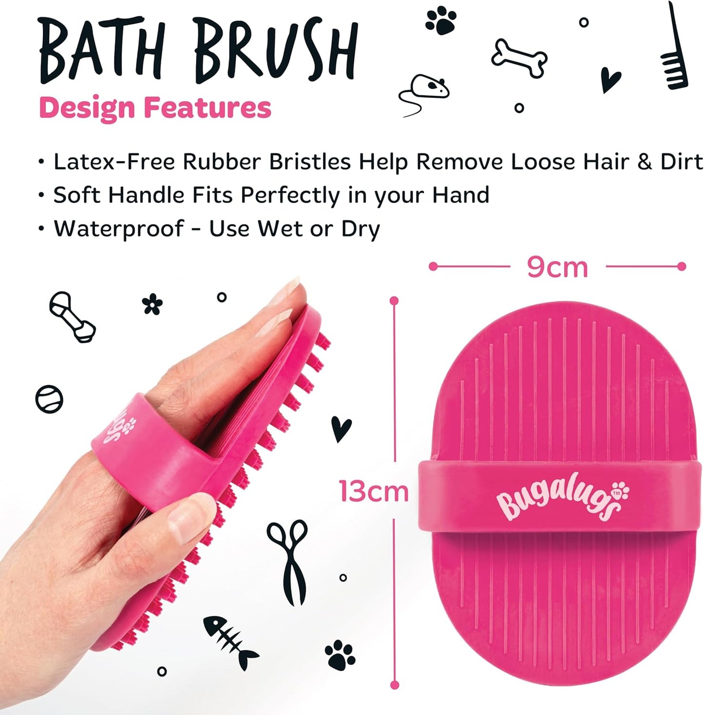 Bugalugs Dog Shampoo Bath Brush & Cat Brush 2 Pack, Use Wet or Dry as Dog Grooming Brush for Grooming & Bathing Use Alongside Our Dog No Rinse Shampoo for Smelly Dogs & Cats (Pink (2 Pack))