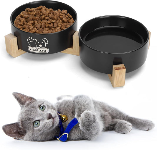 Ceramic Cat Bowls Set with Bamboo Stand, Stackable Double Ceramic Cat Food Water Bowl, 2X400Ml/13.5Oz Non-Slip Pet Feeding Bowls for Cats Kittens and Puppies, 13X13X5Cm Black