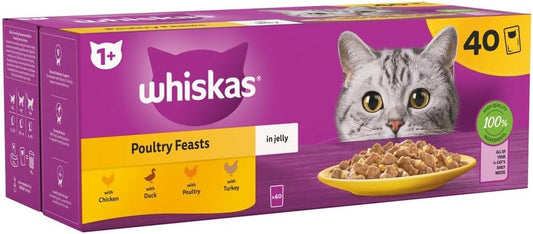 Wishkas  1+ Adult Wet Cat Food Pouches - 40 X 85 G - Poultry Selection - Bulk Cat Food Megapack - 40 Jelly Pouches