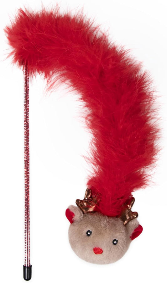 Roxy Reindeer Cat Teaser Wand – Festive Catnip Toy with Feather Boa & Sparkly Tinsel Stick – Interactive Christmas Play for Cats & Kittens – Chase, Jump & Swat Holiday Cat Toy