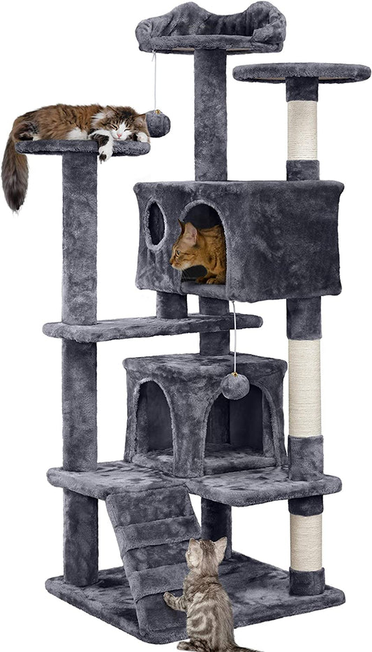 138.5Cm Cat Tree Tower Scratching Posts Multilevel Cat Climbing House with Condos & Ladder Pet Activity Centre for Indoor Kittens, Dark Grey