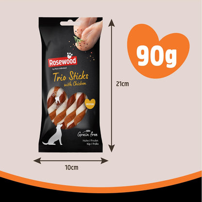 Medium Trio Sticks for Dogs - Made with Chicken, Grain Free Chews, High Protein Dog Treats, by Pets Unlimited (3Pc, 90G)