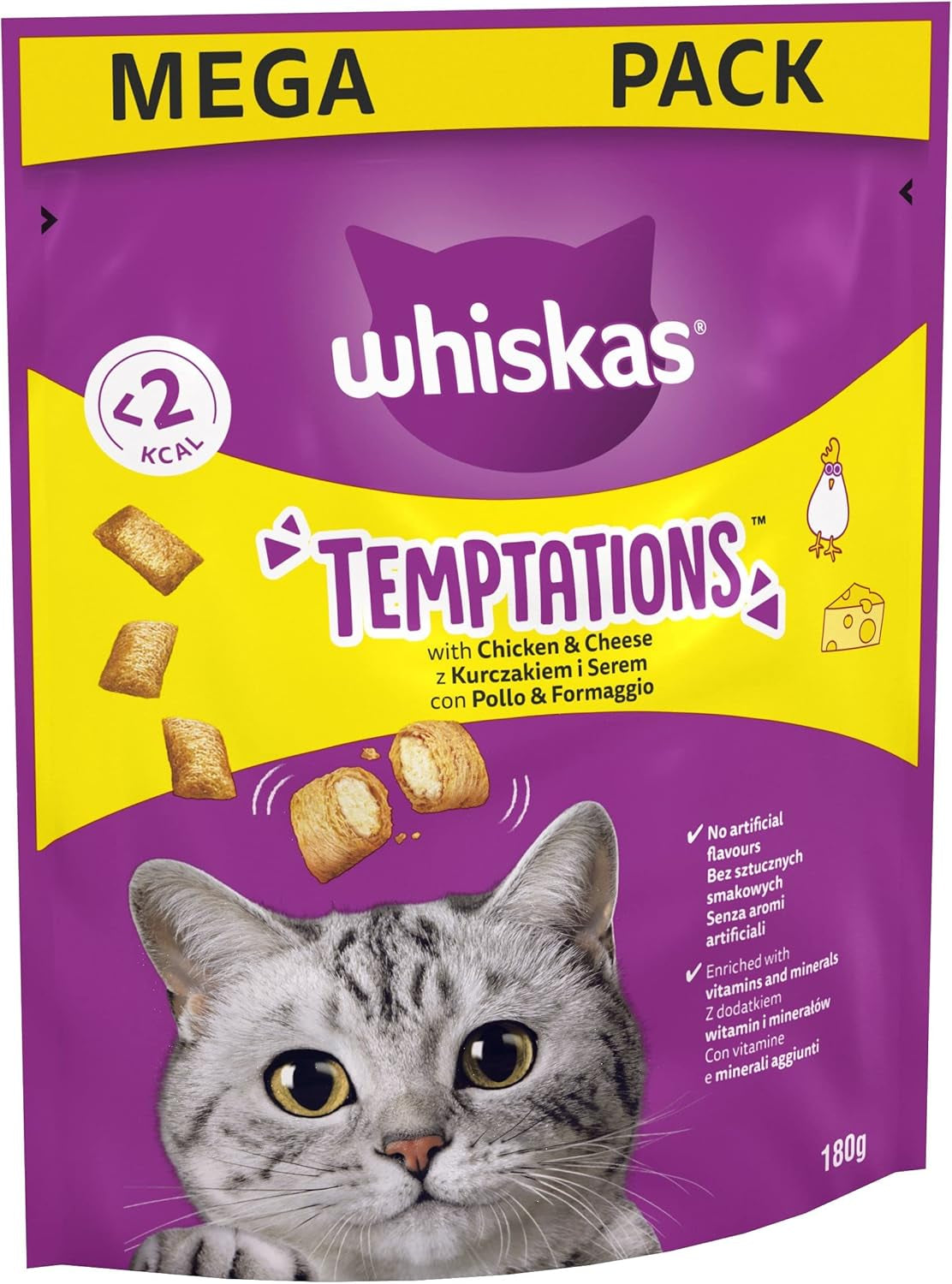 Whiskas Temptations - Tasty, Crunchy Treats for Adult Cats, Small Bite Size Snacks with a Delicious Chicken and Cheese Filling, 4 X 180 G Packets - Pack May Vary