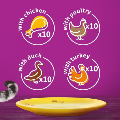 Wishkas  1+ Adult Wet Cat Food Pouches - 40 X 85 G - Poultry Selection - Bulk Cat Food Megapack - 40 Jelly Pouches