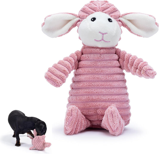 Pink Lamb Plush Dog Toy with Squeaker – Soft, Durable, Ribbed Design for Play, Suitable for Small and Medium Dogs. Ideal for Engaging Playtime.