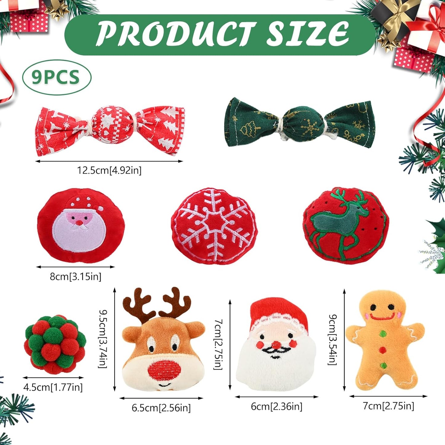 9 Pack Cat Christmas Toys - 2 Squeaky, 4 Colorful Bouncy Balls, 3 Plush Interactive with Ginger Man, Elk, Santa Claus - for Cat and Mouse