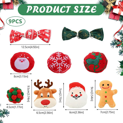 9 Pack Cat Christmas Toys - 2 Squeaky, 4 Colorful Bouncy Balls, 3 Plush Interactive with Ginger Man, Elk, Santa Claus - for Cat and Mouse
