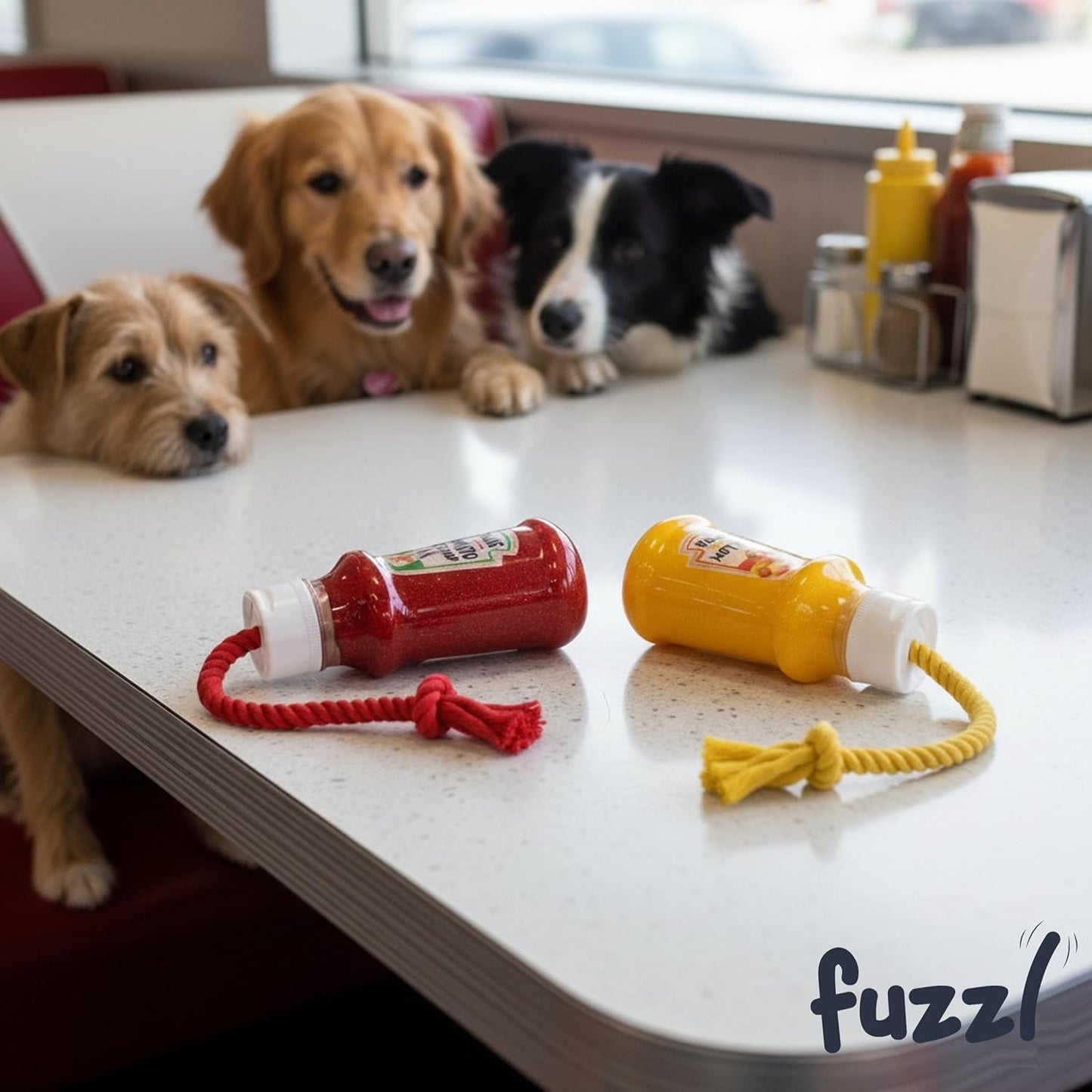 TPR Ketchup Bottle Rubber Dog Toy with Rope – Durable Chew & Tug Toy for Small, Medium & Large Dogs – Tough – Interactive Fetch, Tug-Of-War & Dental Health Play