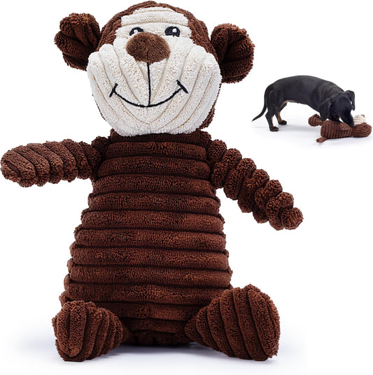 Brown Monkey Plush Dog Toy with Squeaker – Soft, Ribbed Fabric for Chewing and Interactive Play. a Great Choice for Small, Medium, or Large Dogs Playtime with Squeaky Toys