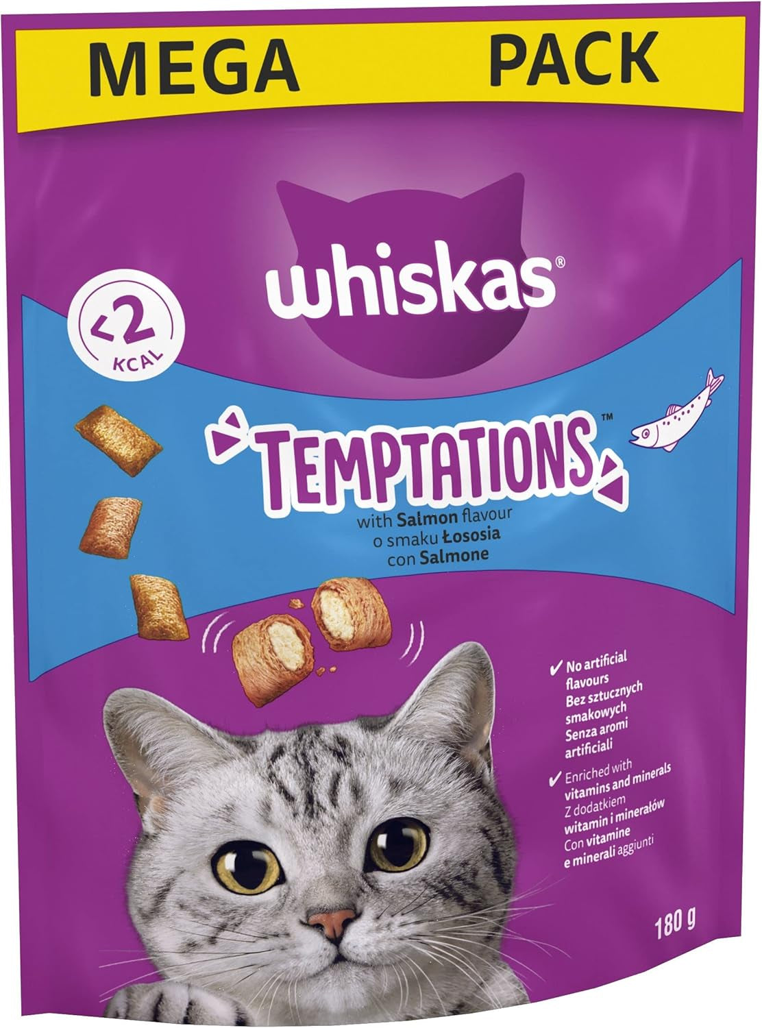 Whiskas Temptations - Tasty, Crunchy Treats for Adult Cats, Small Bite Size Snacks with a Delicious Salmon Flavour Filling, 4X180 G Packets - Pack May Vary