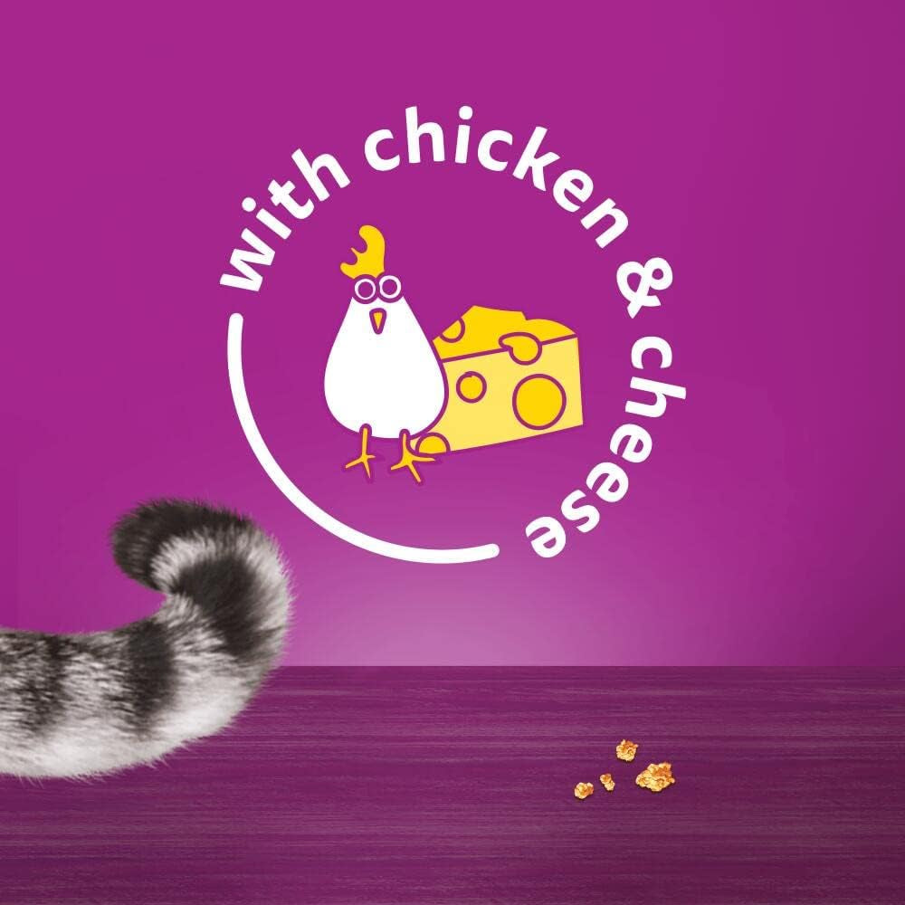 Whiskas Temptations - Tasty, Crunchy Treats for Adult Cats, Small Bite Size Snacks with a Delicious Chicken and Cheese Filling, 4 X 180 G Packets - Pack May Vary