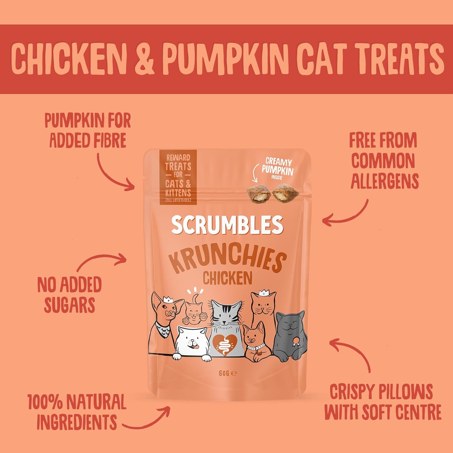 Scrumbles Chicken Krunchies, Pillow Cat Treats, 60G