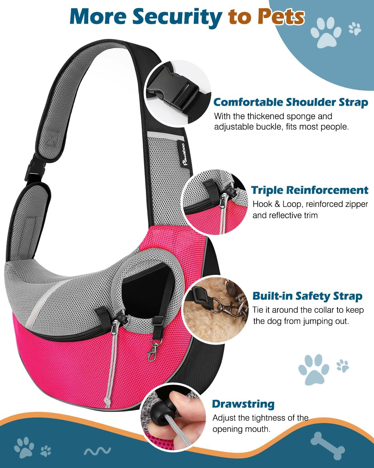 Dog Sling Carrier, Dog Papoose with Zipper Touch Pocket, Hand Free Breathable Mesh Puppy Carrier, Crossbody Satchel Dog Purse with Adjustable Strap for Outdoor Travel, Pink, Large