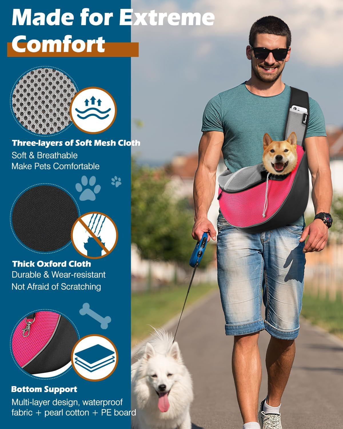 Dog Sling Carrier, Dog Papoose with Zipper Touch Pocket, Hand Free Breathable Mesh Puppy Carrier, Crossbody Satchel Dog Purse with Adjustable Strap for Outdoor Travel, Pink, Large
