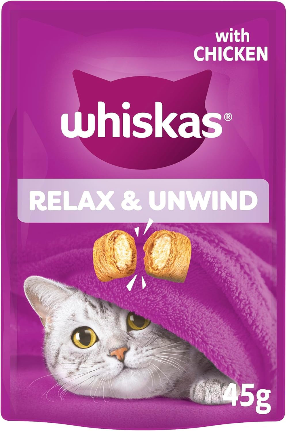 Whiskas Relax and Unwind - Cat Treats - Small Bite Size Snacks with Chicken Filling - 8 X 45 G