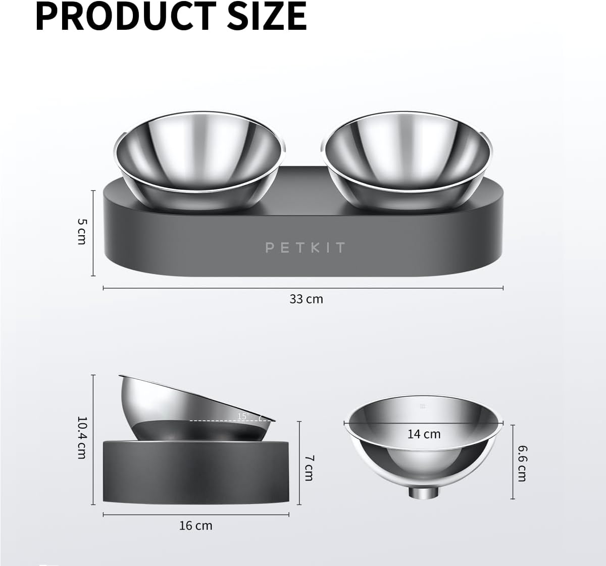 Cat Bowls with Stand Tilted, 0 &15° Stainless Steel Elevated Cat Feeding Bowls for Cats and Small Dogs, Raised Cat Food and Water Bowls, Stress Free, Food Grade Material, anti Slip None Spill