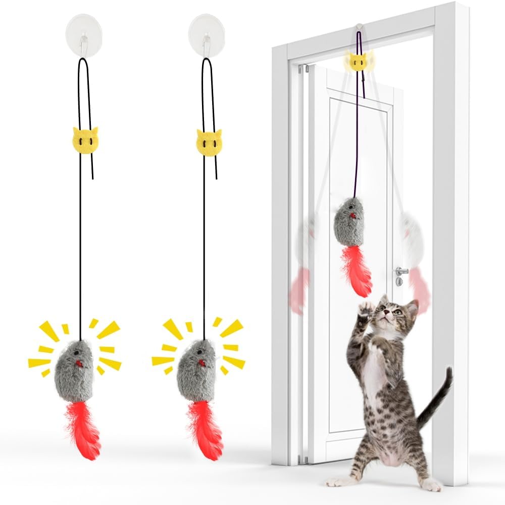 Cat Toys for Indoor Cats Adult Kitten, 2 Pack Door Hanging Interactive Mice Toys with Squeaky Sound and Feather Tail, No Batteries Required, Kitten Toys, Cat Enrichment Boredom Mouse Toy