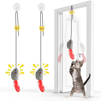 Cat Toys for Indoor Cats Adult Kitten, 2 Pack Door Hanging Interactive Mice Toys with Squeaky Sound and Feather Tail, No Batteries Required, Kitten Toys, Cat Enrichment Boredom Mouse Toy