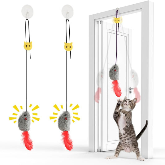 Cat Toys for Indoor Cats Adult Kitten, 2 Pack Door Hanging Interactive Mice Toys with Squeaky Sound and Feather Tail, No Batteries Required, Kitten Toys, Cat Enrichment Boredom Mouse Toy