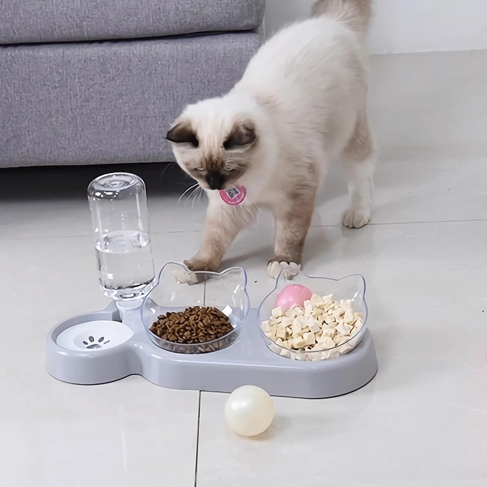 3-In-1 Cat Food and Water Bowl Set, Cat Bowls with Stand, Double Cat Bowls with Water Dispenser for Pet，Food and Water Feeder for Small Medium Dogs Cats