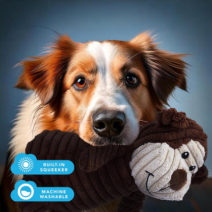 Brown Monkey Plush Dog Toy with Squeaker – Soft, Ribbed Fabric for Chewing and Interactive Play. a Great Choice for Small, Medium, or Large Dogs Playtime with Squeaky Toys