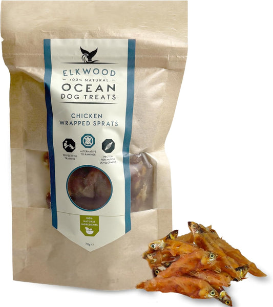 Natural Sprats Dog Treats 70G | 100% Chicken-Wrapped Wild-Caught Sprats | High Protein, Omega 3-Rich Fish Dog Treats | Air-Dried, Easy to Digest & Perfect for Training