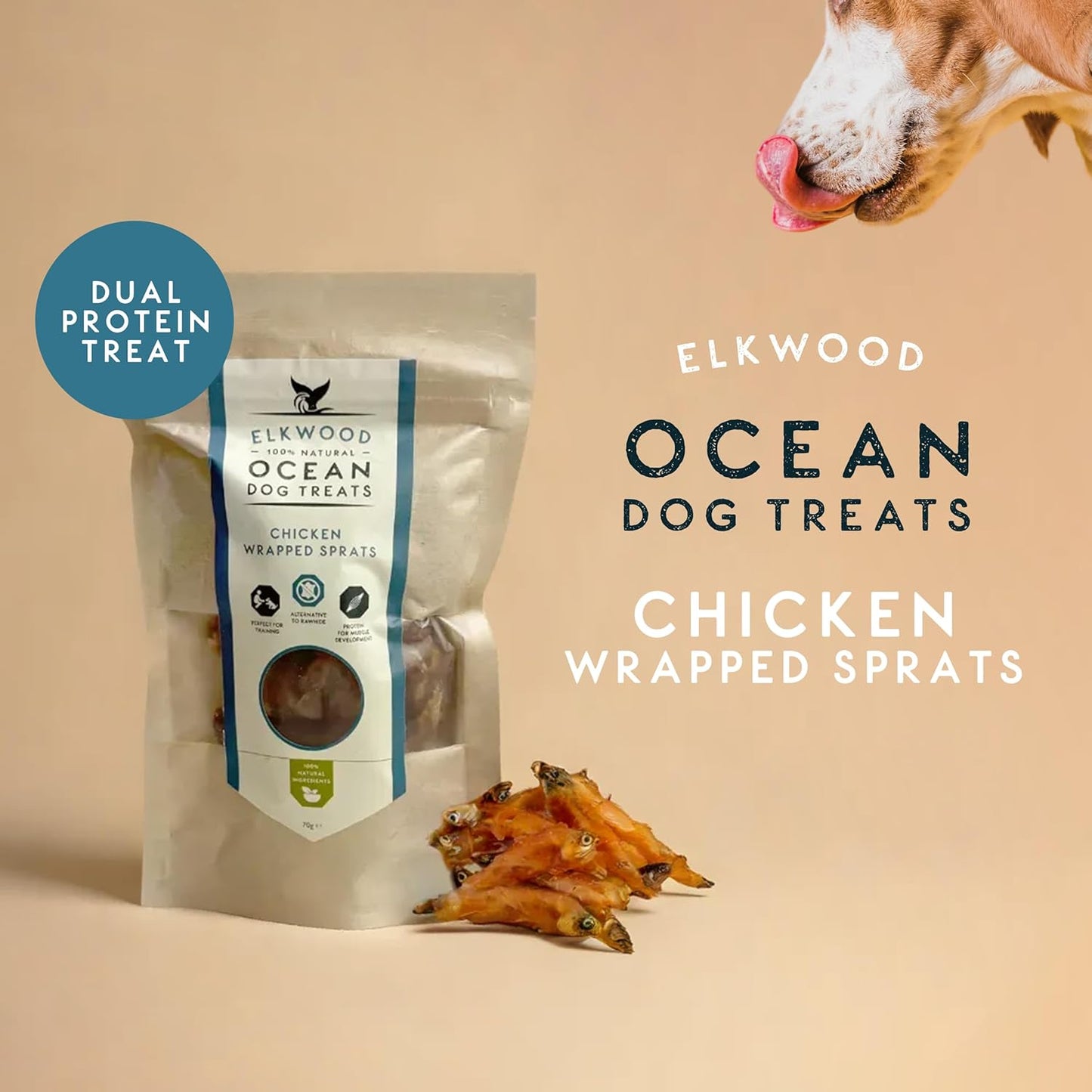 Natural Sprats Dog Treats 70G | 100% Chicken-Wrapped Wild-Caught Sprats | High Protein, Omega 3-Rich Fish Dog Treats | Air-Dried, Easy to Digest & Perfect for Training