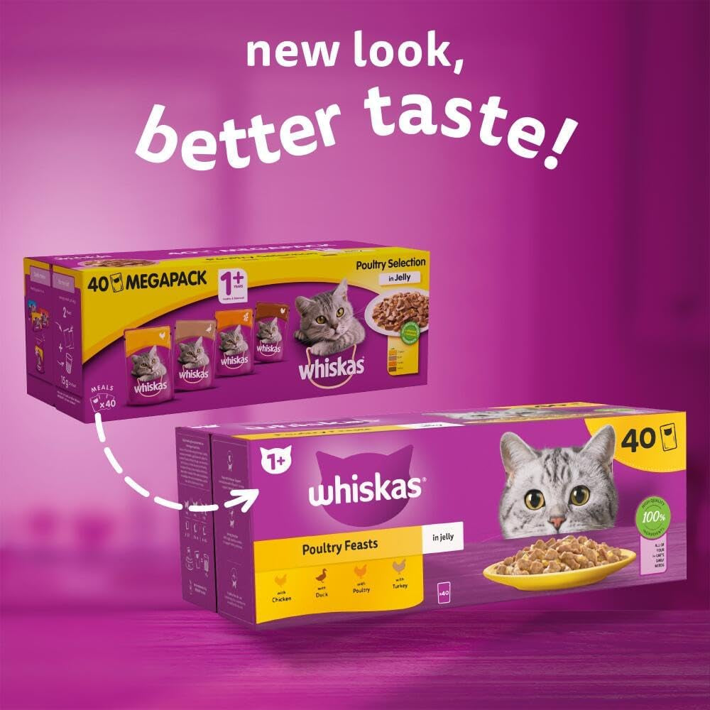 Wishkas  1+ Adult Wet Cat Food Pouches - 40 X 85 G - Poultry Selection - Bulk Cat Food Megapack - 40 Jelly Pouches